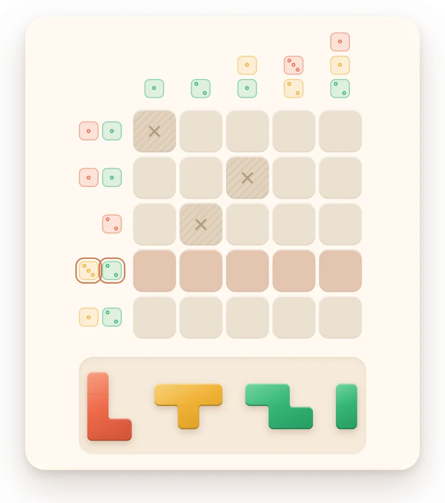 The fourth row of the board highlighted, with its two dice outlined: a yellow die with three pips and a green die with two