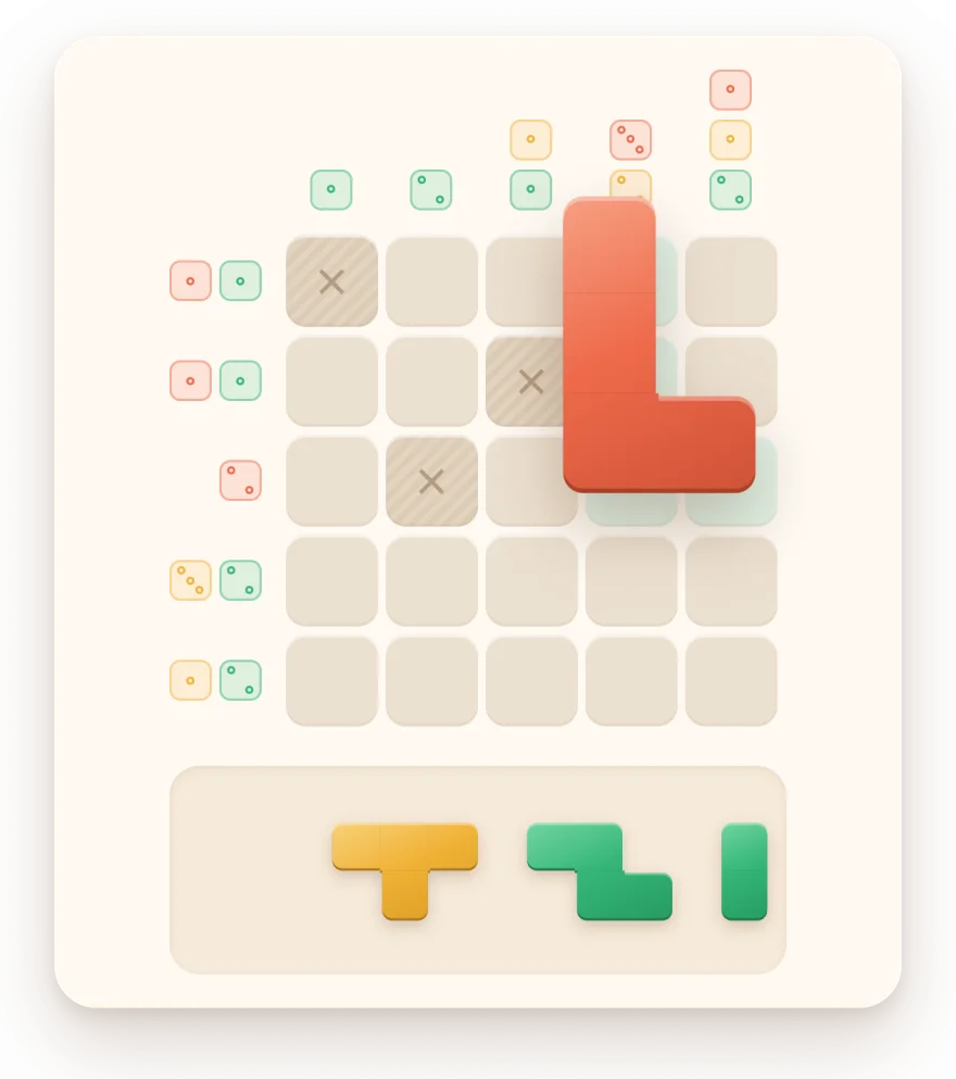 The red L-shaped piece held just above the right-hand side of the board, the squares under it lit