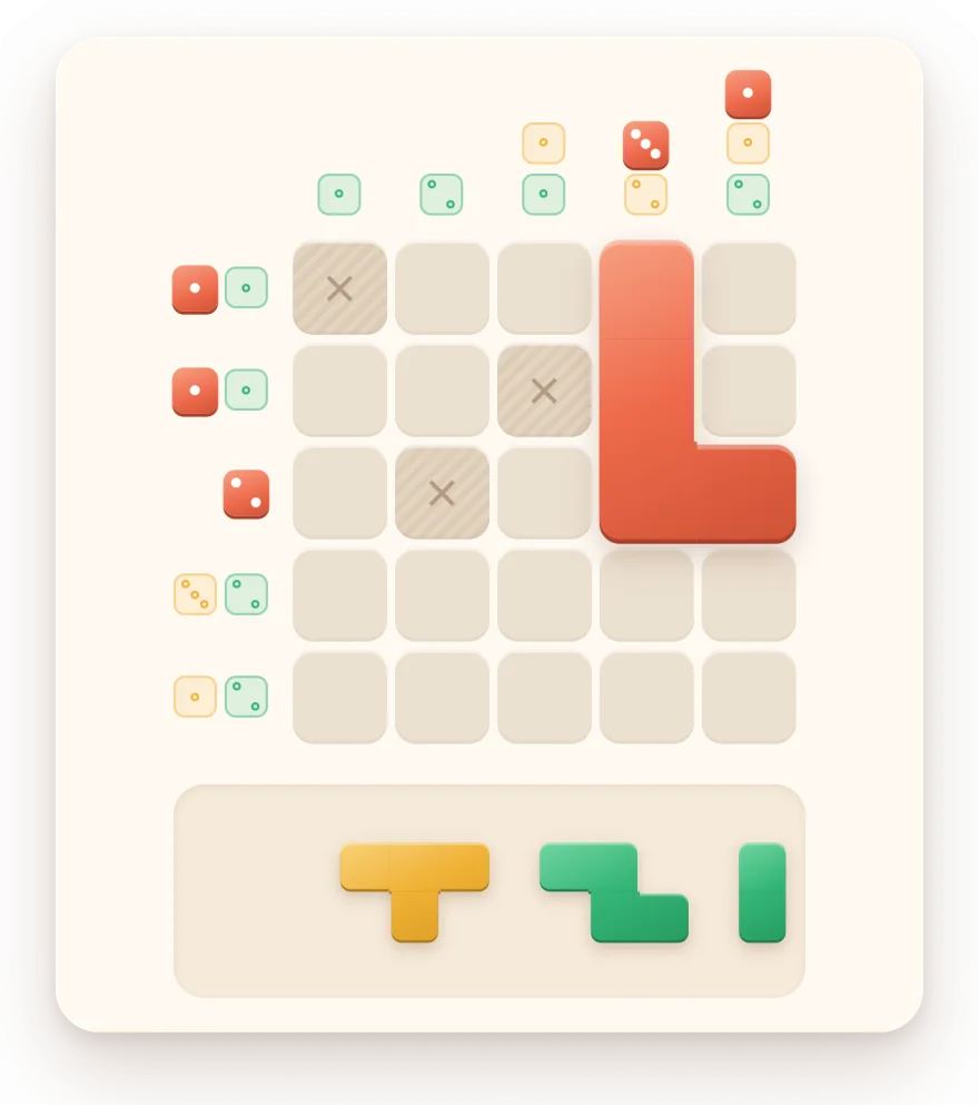 The red piece placed in the two right-hand columns; the red dice of its three rows and two columns are lit