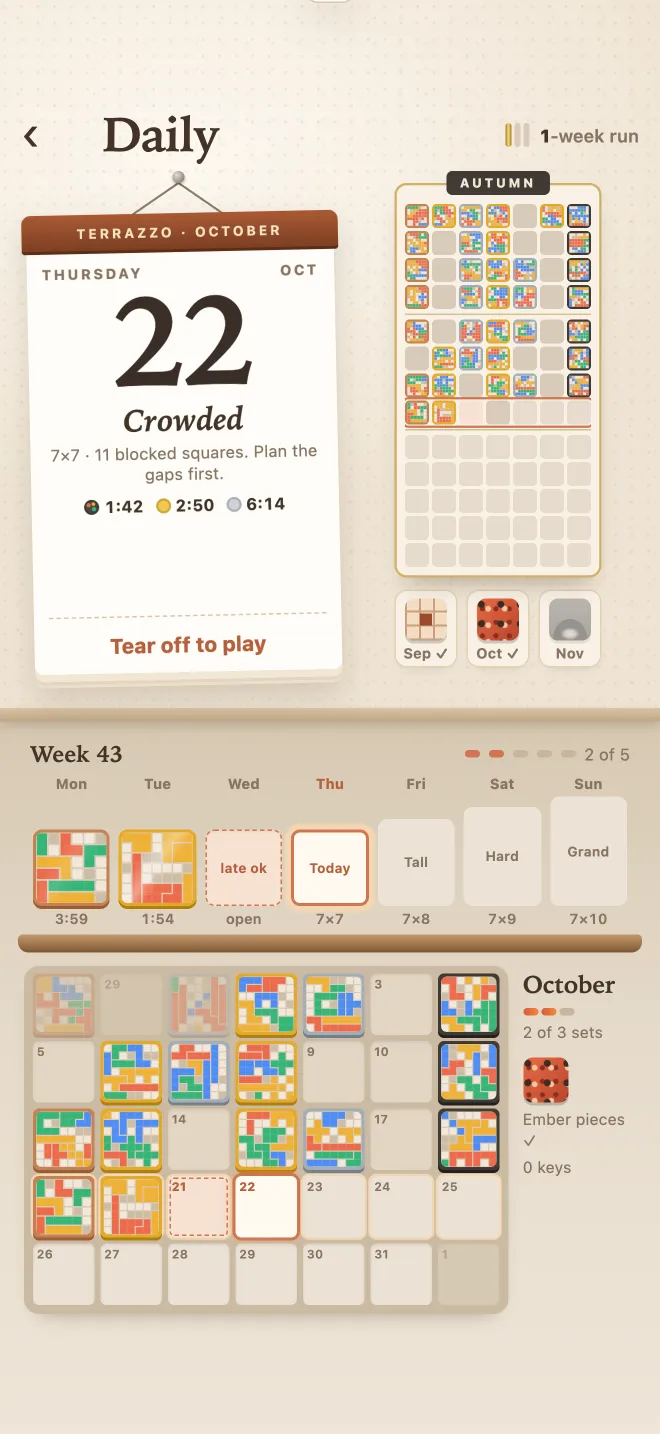 The Daily screen: a calendar page for Thursday the 22nd, and this week's solved boards